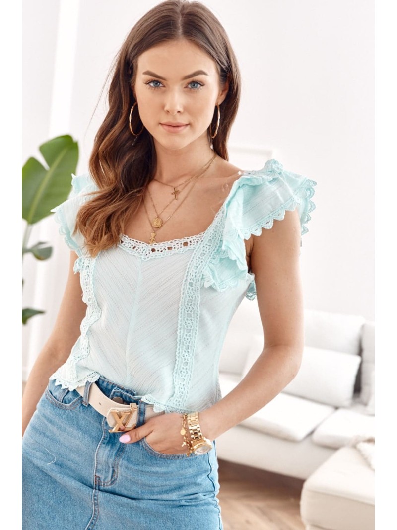 Short blouse with ruffles and guipure, light blue 517 - Online store - Boutique